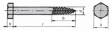 Kapitel G - Träskruv - Byggskruv Eternitskruv Diameter d mm 6,2 Nyckelvidd s mm 11 Huvudhöjd k mm 5,4 Gänglängd b mm 50