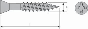 Listskruv För montering av bl.a socklar i trä eller plåt max 0,9 mm FZY eller vit. Phillips (K)=Kartong (S)=Hink Kapitel G - Träskruv - Byggskruv Gänga D 3,9 Huvuddiameter dk mm 5,5-5,9 Bits nr.