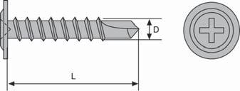 Montageskruv med borrspets För sammanfogning av plåt max 2,0 mm Phillips (H) Kapitel G - Träskruv - Byggskruv Montageskruv ------------- Gänga D 4,2 Huvuddiameter dk mm 11,0-12,0 Huvudhöjd k mm