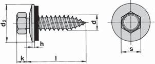 Kapitel G - Träskruv - Byggskruv Byggplåtskruv med sexkantshuvud BTL Typ AB - med lös tätningsbricka av EPDM-gummi För montering av plåt mot stålbalkar och plåtprofiler tunnare än 2 mm Gänga d 6,3