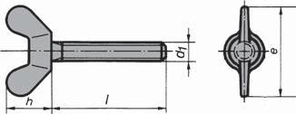 Vingskruv MVS DIN 316 Kapitel H - Övrig Skruv och gängade artiklar Gänga d1 M4 M5 M6 M8 M10 M12 Gängstigning mm 0,7 0,8 1 1,25 1,5 1,75 Mått över vingarna e mm 20 26 33 39 51 65 Huvudhöjd h mm 10,5