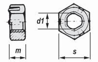 Kapitel I - Mutter Sexkantslåsmutter - Helmetallisk DIN 980V Gänga d1 M 10 M 12 Gängstigning mm 1,5 1,75 Nyckelvidd s mm 17 19 Höjd m mm 10 12 Varugrupp 282