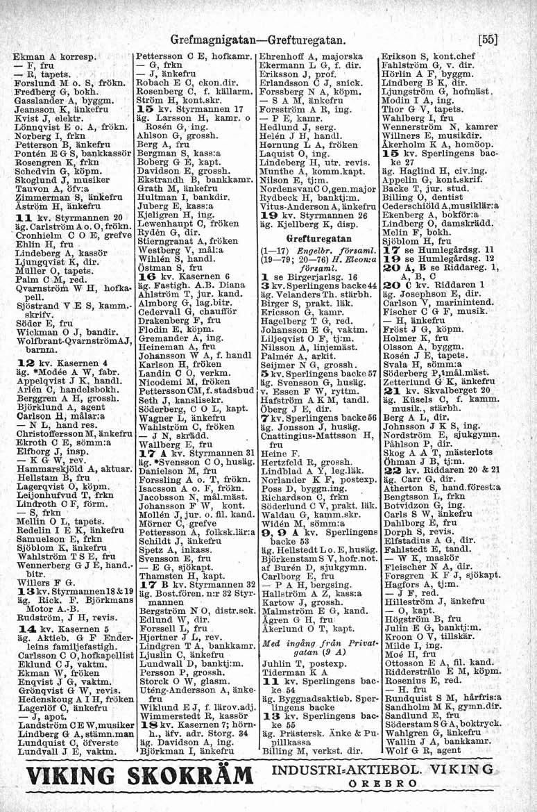 Ekman A komesp. F, fru - R, tapets. Forslund M o. S, frbkn. Fredberg G, bokh. Gasslander A, byggm. Jeanssoq K, hnkefru Kvist J elektr. ~bnn~vkt E o. A, frdkq.