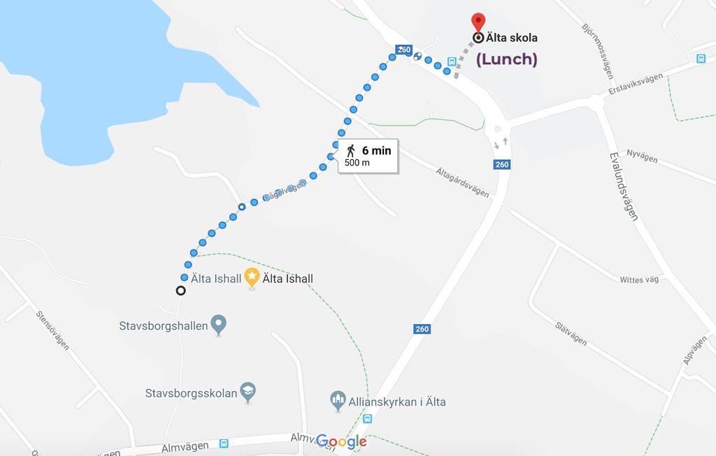 Ritning av var domare och läktare är samt var man går på och av Älta