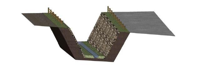 . Figur 3. Tänkbar sektion längs sträckningen. Slänterna är branta och därför utrustade med skyddsstaket. Beroende på geologiska förutsättningar kan slänterna komma att behöva förstärkas eller gjutas.