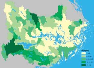 Figur 16. Brutto- a.) och nettobelastning b.) av antropogent kväve per ytenhet från PLC5- områdenas jordbruksmark.