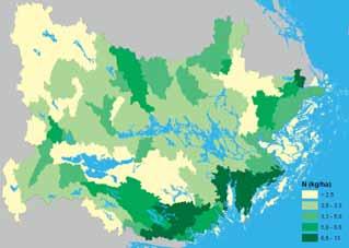 Varje färg motsvarar 20 % av den totala belastningen. identisk med den totala belastningen från jordbruksmarken per PLC5-område (Fig. 14 och 15). Det specifika kväveläckaget (Fig.