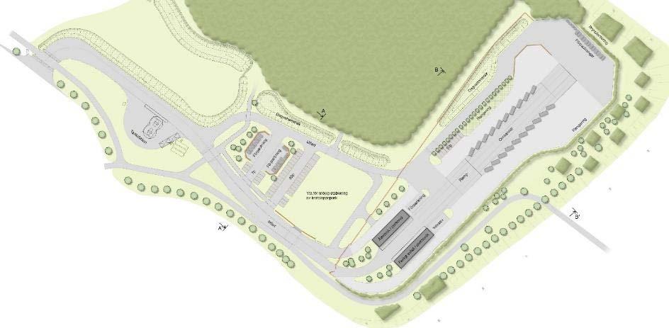 Situationsplan över den föreslagna återvinningscentralen och drivmedelsstationen. Förutom återvinningscentralen så planeras en drivmedelsstation i planområdet.