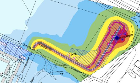 Nedan finns en illustration som visar den beräknade bullerspridningen från återvinningscentralens verksamheter.