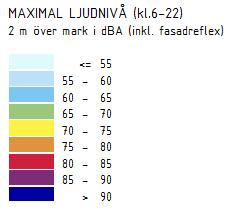 1 dba högre under en genomsnittstimme under dag och kväll än under natten. För gemensam uteplats blir maxnivån dimensionerande och kan anläggas i grön och blå zon enligt figur 4.