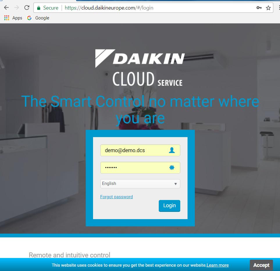 3 Systembeskrivning 3.3 Så här loggr du in på Dikin Cloud Service 1 Gå till https://cloud.dikineurope.com i din webbläsre. Resultt: Inloggningssidn viss.
