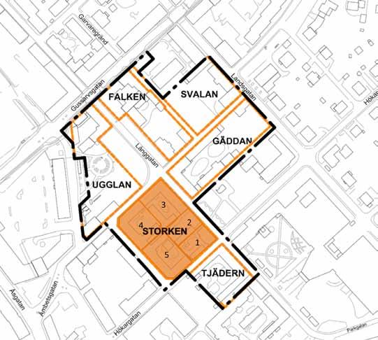 KVARTERET STORKEN Hus Ålder: Från 1850- och 1880-talet, samt 1990-talet. Stomme: Byggnaderna är uppförda av timmer på stensockel, de moderna husen av regelverk på betongsockel.