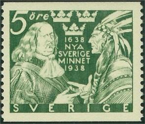 19 Ovanstående frimärken utgavs i en serie 1938 för att uppmärksamma 300-årsminnet av kolonin Nya Sverige Välkommen