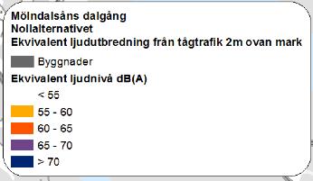 Nedan redovisas bullerkartor och analys av vilken den förväntade effekt på buller från järnvägstrafiken som en utbyggnad av Götalandsbanan kan ge jämfört med ett Nollalternativ.