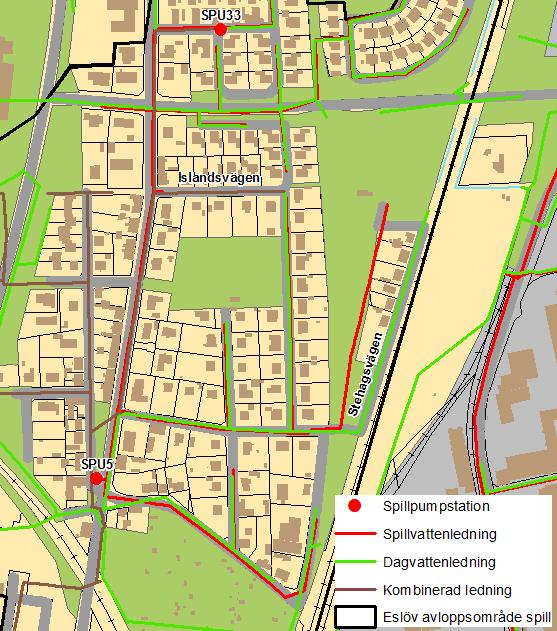 Åtgärdsplan för Eslövs avloppsledningsnät 34 Figur 15 Inom pumpstation Trädgårdsgatans (SPU5) upptagningsområde finns det några fastigheter längs Islandsvägen som inte separerats för att ansluta sitt