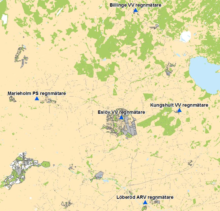 Åtgärdsplan för Eslövs avloppsledningsnät 91 Bilaga 4 - Nederbörd och mätningar på ledningsnätet Kontinuerlig nederbördsmätning I Eslövs kommun sker kontinuerlig nederbördsmätning i fem orter: Eslöv,