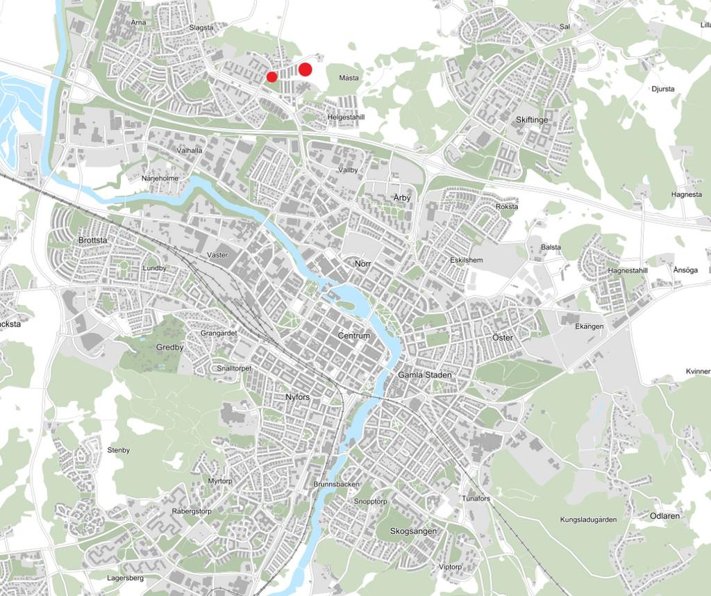 Eskilstuna kommun 3 (22) Röda prickar indikerar planområdets läge i staden. Den vänstra pricken är område 1 och den högra är område 2. Planområdets avgränsning Planområdet består av två delar.