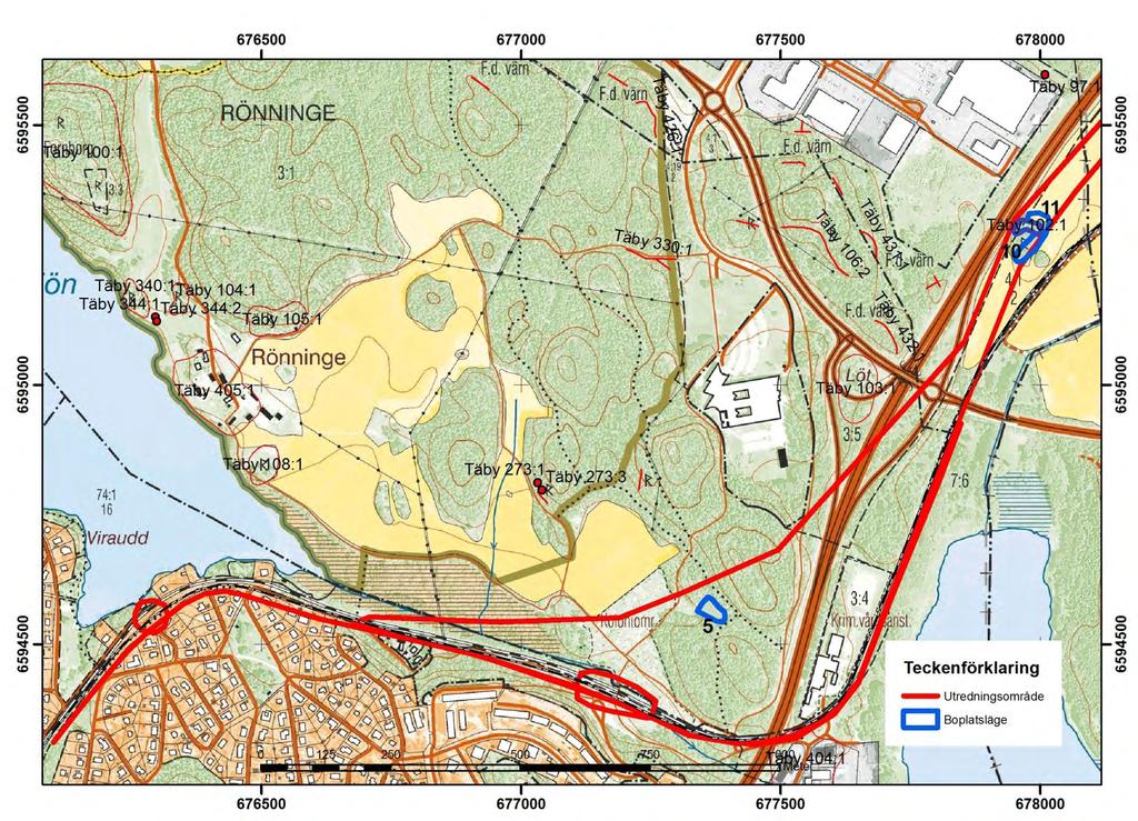 Figur 2. De objekt som noterades under utredningen på södra delen av sträckan Viggbyholm Rydbo.