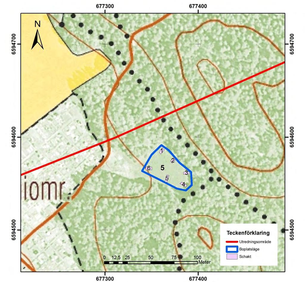 Figur 7. Boplatsläget (objekt 5) med utredningsgrävningens maskingrävda schakt (nr 1-6). Skala 1:2 000.