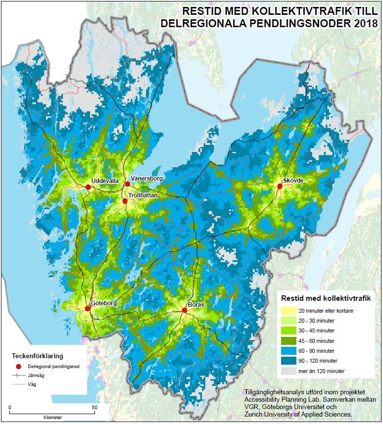 Resultat visar att 2018 hade 85,5 procent av invånarna i Västra Götaland mindre än 60 minuter med kollektivtrafik till minst en av dessa sex orter. Det är något fler än 2014 då det var 84,9 procent.