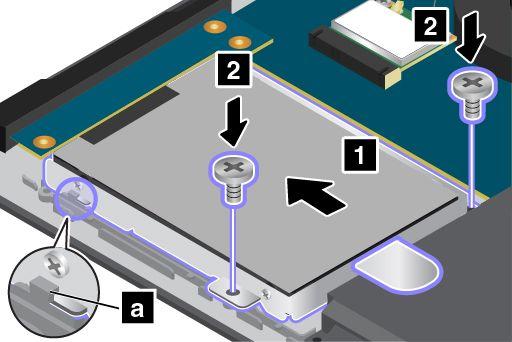 Skjut in hårddisken, hybridhårddisken eller SSD-enheten horisontellt ordentligt i kontakten 1.