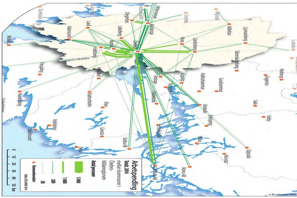 Figur 3: Kartan beskriver arbetspendling mellan kommuner inom Örebro län samt till kommuner i övriga Mellansverige, 2014. Källa: SCB RAMS/Mälardalsrådet 4.