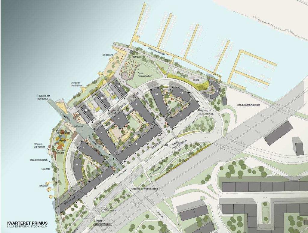 repo001.docx 2012-03-29 4 (25) Figur 2. Situationsplan (2014) för Primusområdet med bostadsbebyggelse och parkytor. Området som ingår i utredningen är markerat med blå linje.