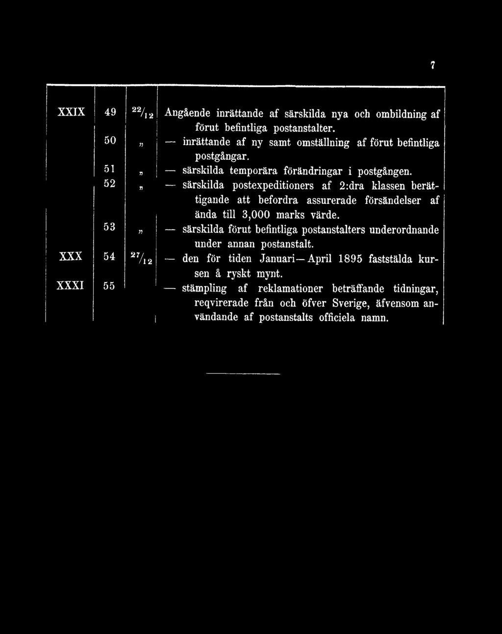 till 3,0 0 0 m arks värd e. 77 särskilda föru t befintliga postanstalters u n derordnan de u n d er annan postanstalt.