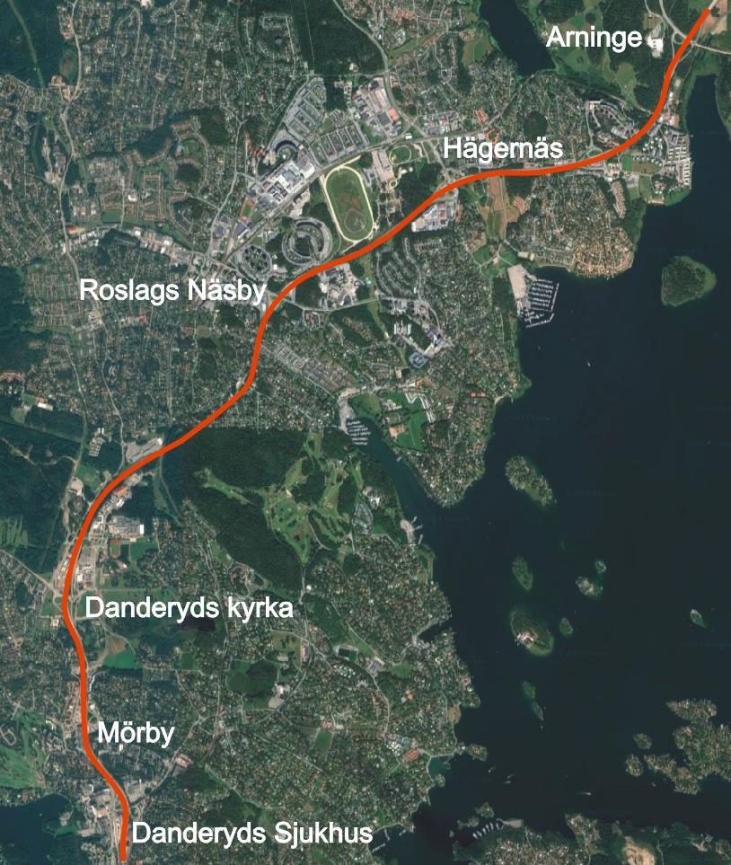 28 4.2 E18 Stockholm Danderyds sjukhus - Arninge Analyssträckan startar med trafikplats Danderyds sjukhus och sträcker sig norrut upp till och med trafikplats Arninge. Det är 8 trafikplatser.