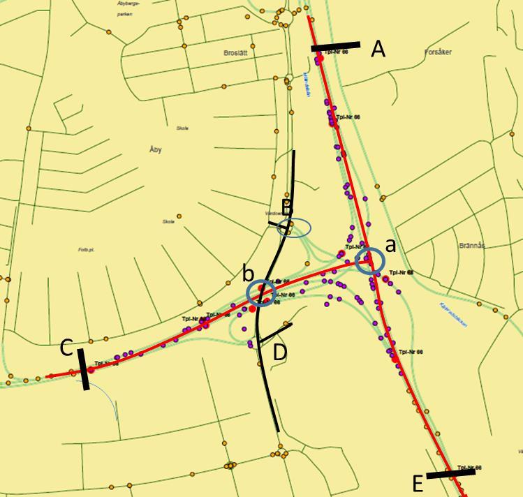 6 Figur 1. E6 Åbro -Exempel på IPArepresentation av trafikplatser. Det är också i Stockholm beslutat att detaljera/ särkoda vissa trafikplatser.