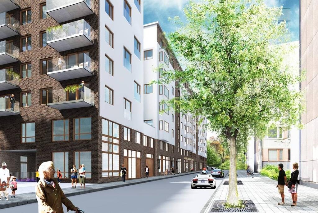 norr om det nya kvarteret, s.k. norra gatan. Nya lokaler och de flesta av bostadsentréerna nås från denna gata, liksom garaget och förskolan.