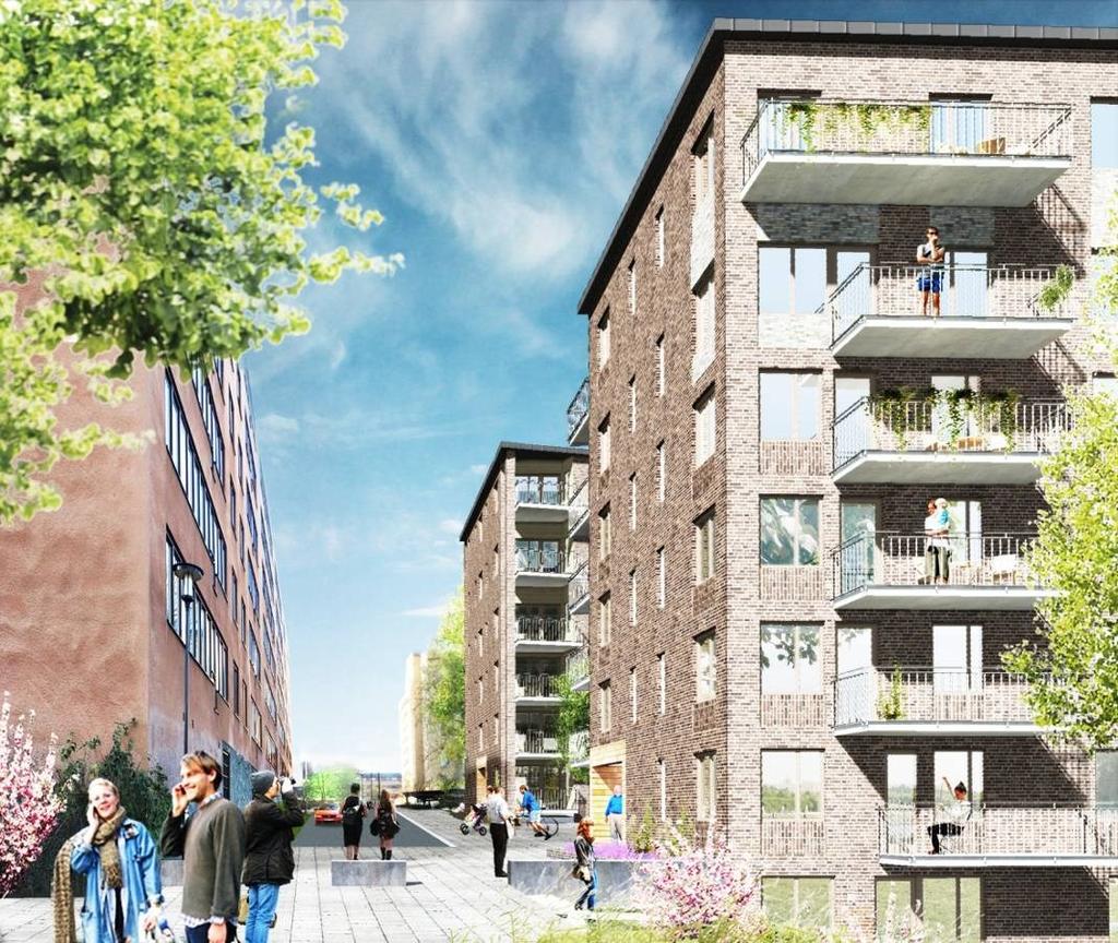 Perspektiv över södra gatan. Vy från parken mot Tideliusgatan. Kv. Alnmåttet till vänster.