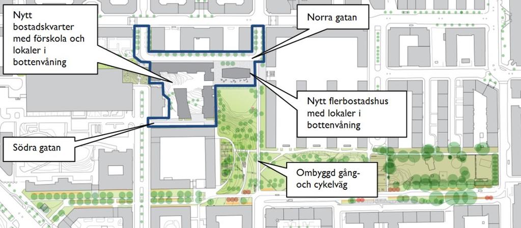 anläggas som ett större halvöppet stadskvarter om 6-8 våningar och