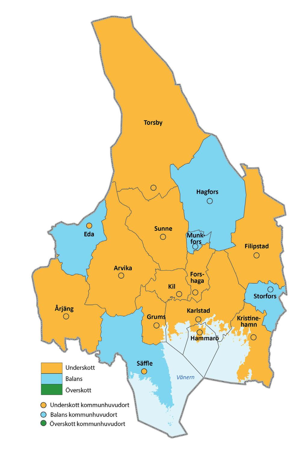 Figur 9. Underskott, balans och överskott av bostäder i Värmland 2016.