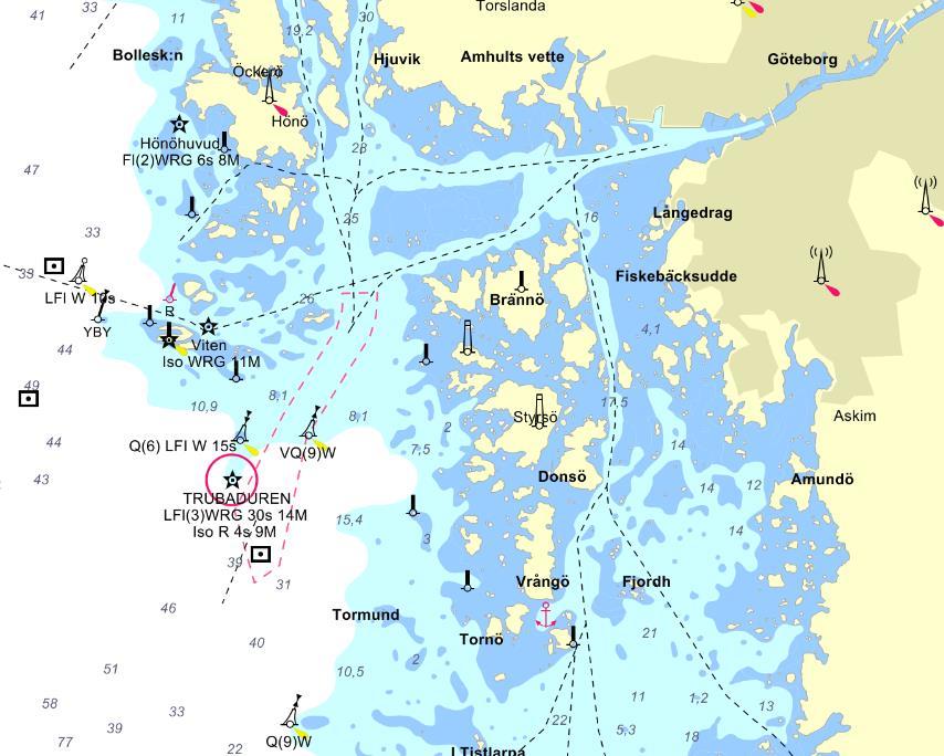 Figur 2. Göteborgs skärgård ser schematiskt ut som en havsvik med rät vinkel mellan Hisingskusten i norr och kusten från Långedrag och söderut, så som antyds av triangeln.