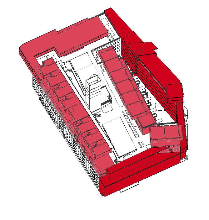 12 Axonometriskt perspektiv sett från norr med nya byggnadsvolymer