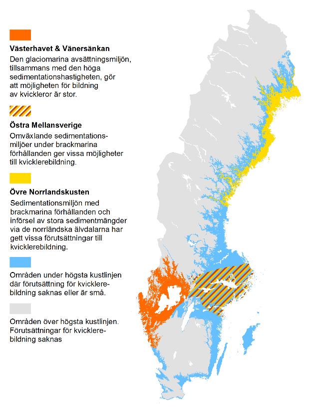Figur 3.1 Förutsättning för bildning av kvicklera, baserad på lerors avsättningsmiljö (salt-, brackeller sötvatten) (efter Schoning 2016).