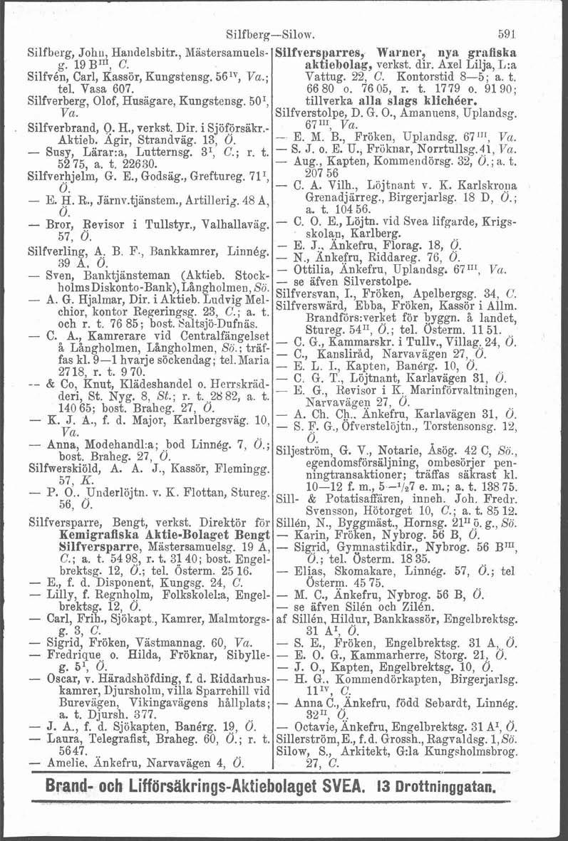 - A I Silfberg, Johri, Handelsbitr., Mastersamuelsg. 19Bn1, C. Silfvén, Carl, Kassör, Kungstensg. 56'V, Va.; tel. Vasa 607. Silfverberg, Olof, Husägare, Kungstensg. 501, Va.. Silfverbrand, O. H., verkst.