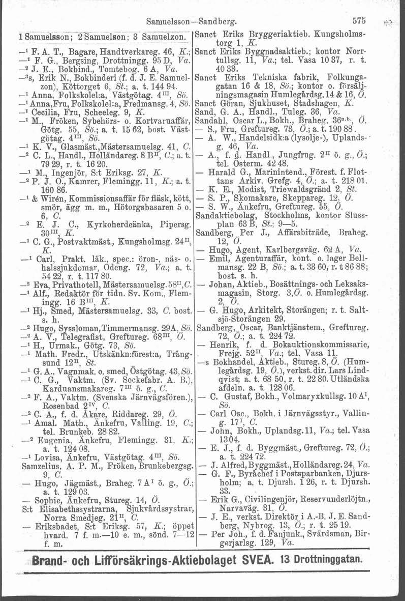 Samuelsson-Sandberg. 575 -- - 1 Sämuelsson ; 2 Samuelsjg; 3 Samuelxon. Sanct Eriks Bryggeriaktieb. Kungsholms- -- P- torg 1, & -' F. A. T., Bagare, Handtverkareg. 46, K.; Sanct Eriks Byggnadsaktieb.