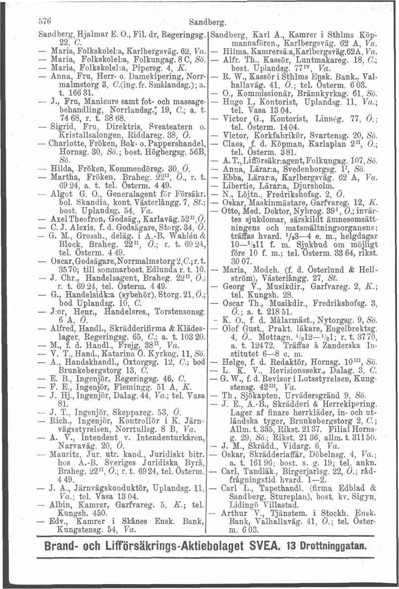 576 Sandberg. Sandberg, Hjalmar E. O., Fil. dr, Regeringsg. Sandberg, Karl A., Kamrer i Sthlms Köp- 22, C. mannafören., Karlbergsvag. 62 A, Va. - Maria, Folkskolel:a, Karlbergsvig. 62, Vu.