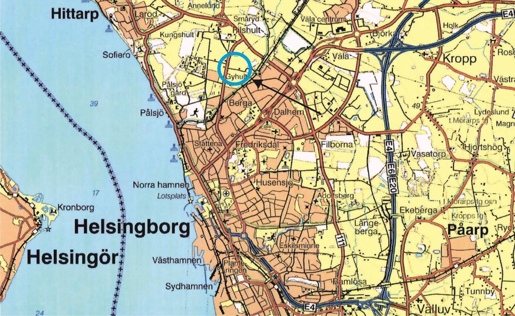Inga anläggningar påträffades i sökschakten. Vid utredningen metalldetekterades också 19 områden med en Fig. 1. Aktuell socken för undersökningen, Helsingborgs socken, visas med rött.