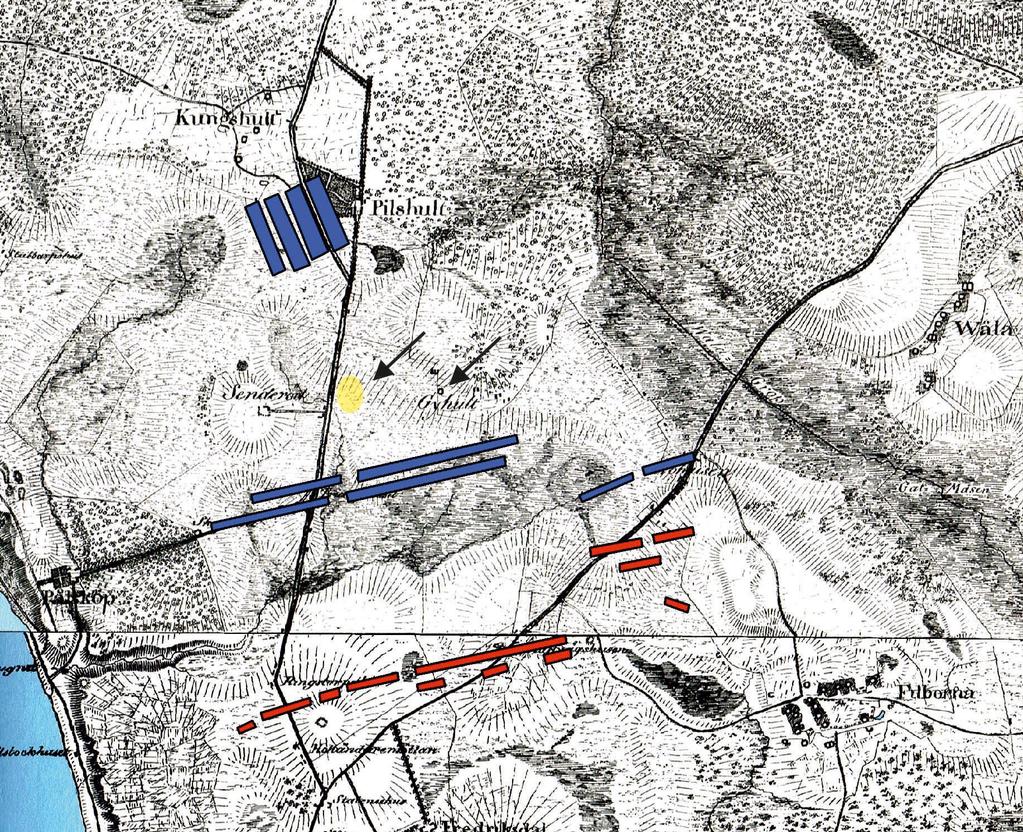 Fig. 4. Utdrag ur Skånska Rekognosceringskartan 1812-1820 med utredningsområdet markerat med pil och gult transparent färgfält. Den andra pilen pekar på Gyhults gård som fortfarande finns kvar, jmfr.