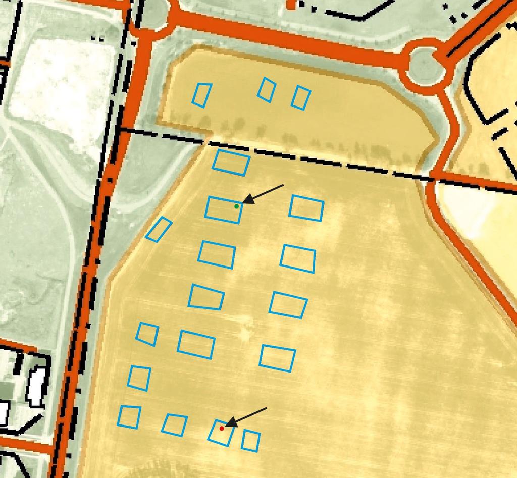 Fig. 5. Utdrag ur Lantmäteriets Fastighetskarta med områdena där metalldetektering genomfördes.