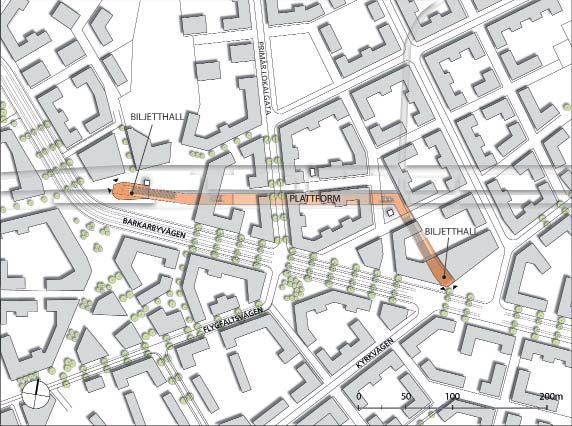 4.3.3 Utformning station Barkarbystaden Station Barkarbystaden kommer att förläggas i den framtida stadsdelen Barkarbystaden, som planeras på platsen för det gamla militärflygfältet F8, se figur 4.