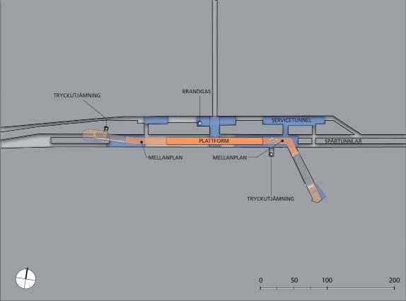 I figur 4.9 nedan illustreras utformningen av station Barkarbystaden. Stationen ligger i raksträcka och har en mittplattform med spår på var sida.