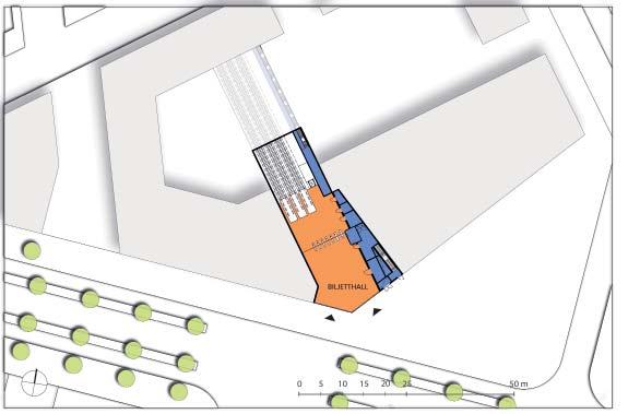 Biljetthallen får ett ytterhörnsläge och blir således synlig i stadsrummet. Detta illustreras i figurerna 4.