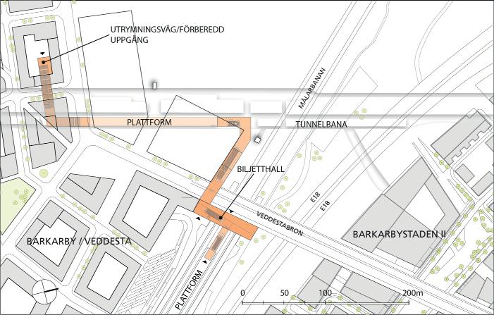 4.3.4 Utformning Barkarby station Barkarby station kommer att förläggas sydväst om E18 med en uppgång