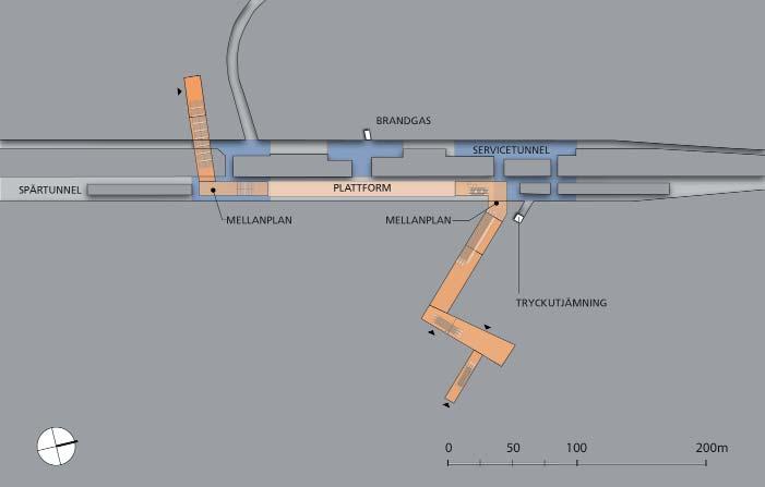 Uppgången i Veddesta centrum kommer endast inredas för att kunna användas vid utrymning, men möjliggör en framtida utbyggnad till komplett uppgång med biljetthall.