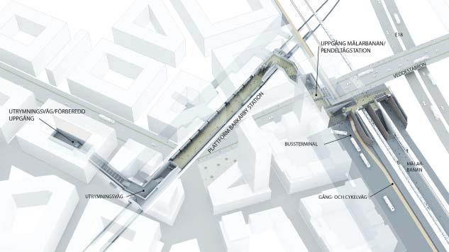 Uppgång pendeltågsstation/mälarbanan Vid Mälarbanan förläggs tunnelbanans biljetthall i markplan under framtida Veddestabron med entré mot planerad bussterminal.