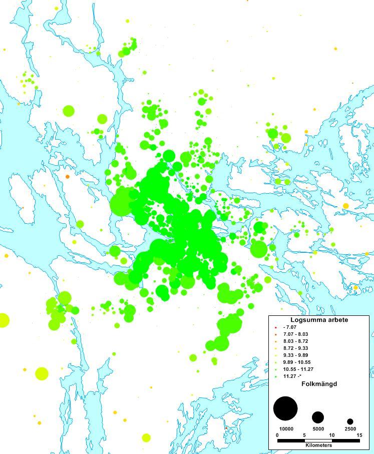 Figur 4. Logsumma arbete detalj av Stockholmsregionen. Referenser Folkesson, Caroline (2002) Om beroende av motoriserade transporter för vardagens inköp.